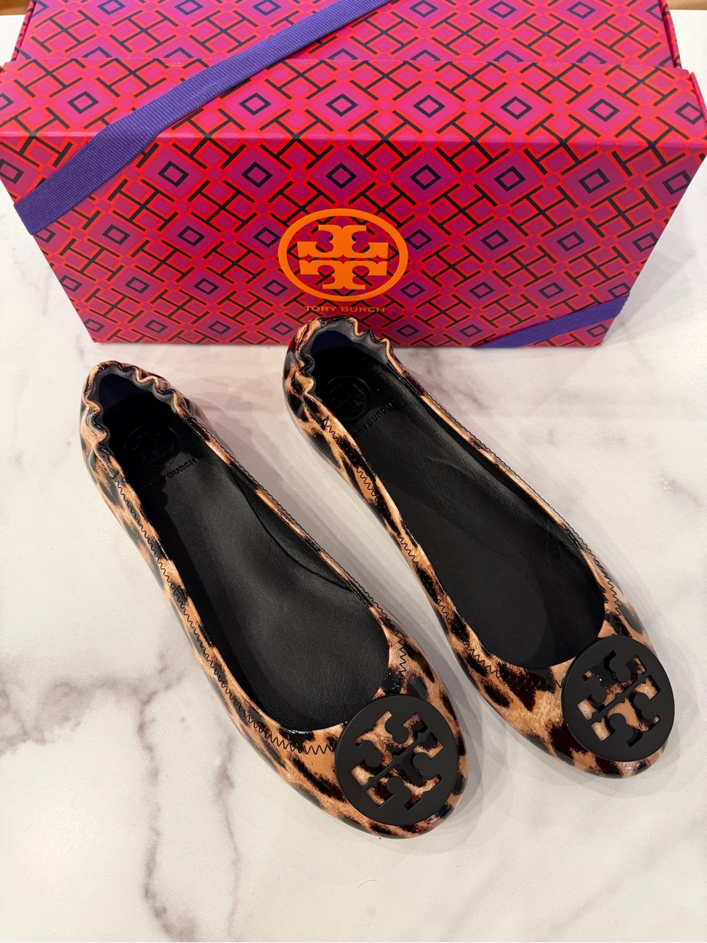 TORY BURCH Patent Leather Minnie Travel Ballet Flats Leopard Cheetah Print